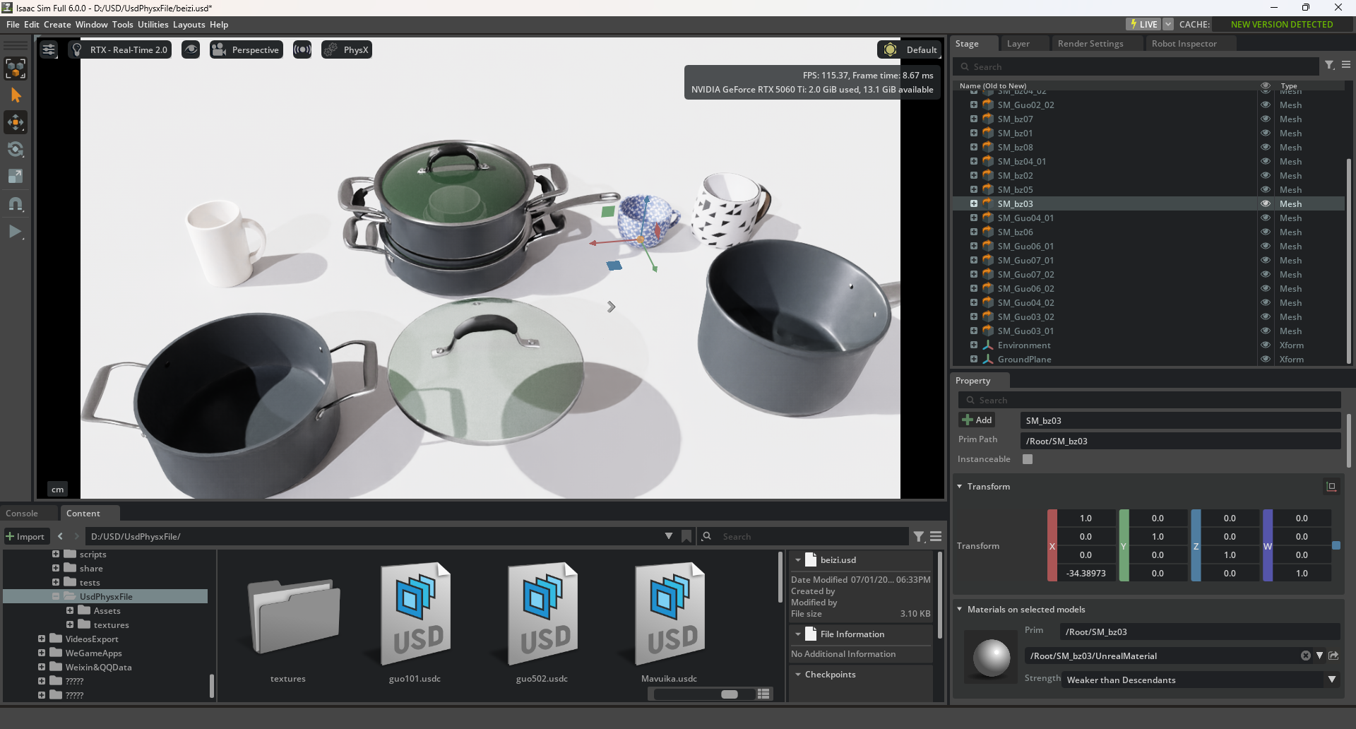 PhysX-enabled objects